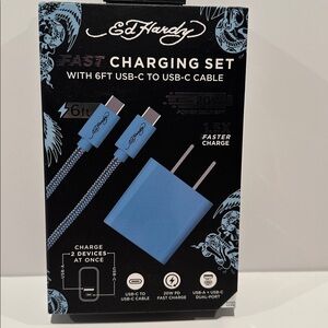 NIB Ed Hardy Fast Charging Set with 6 Ft. USB-C to USB-C Cable.